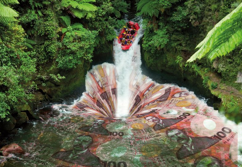 Montage of A group of whitewater rafters on the Kaituna River, New Zealand with bank notes in the water Montage of A group of whitewater rafters on the Kaituna River, New Zealand with bank notes in the water